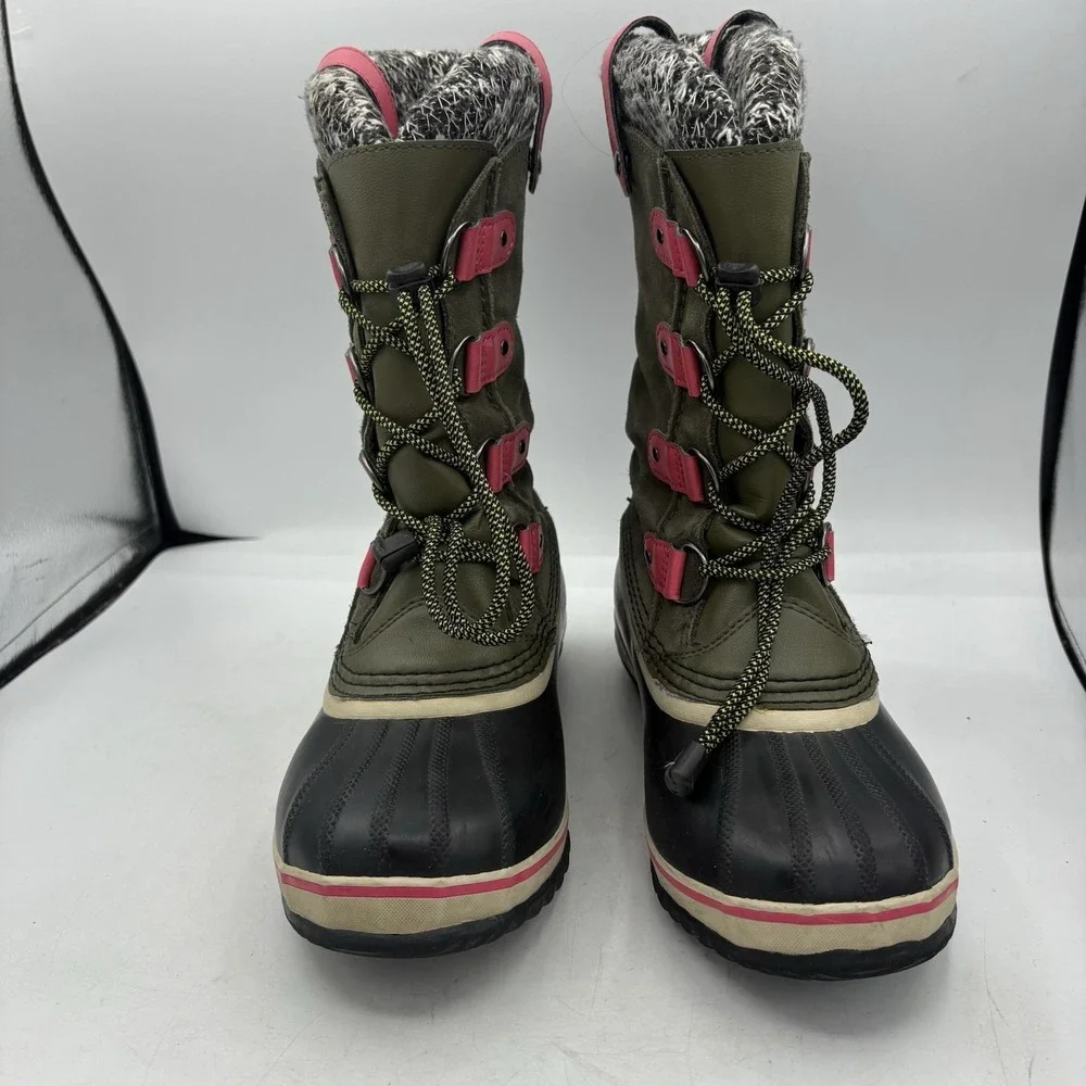 Sorel Winter Boots Girls Youth Size 6 Joan Of‎ Arctic Olive Green Snow Pink Draw